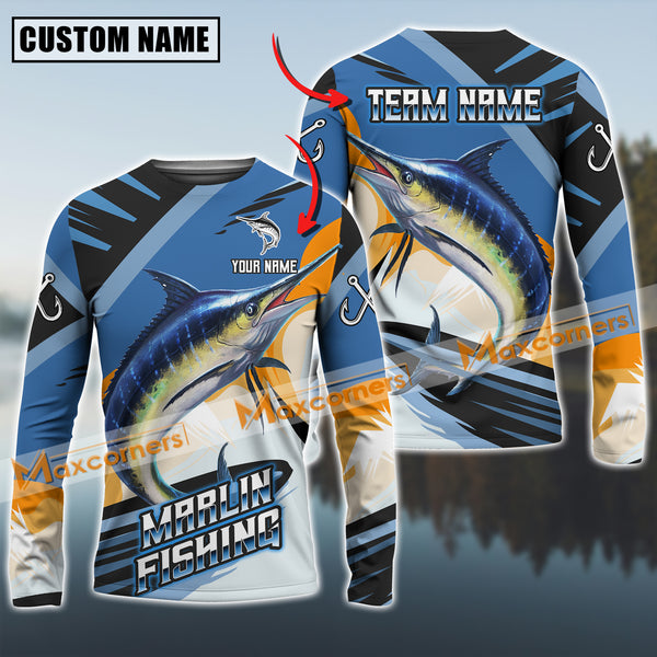 Maxcorners Marlin Fishing Blue Orange Jersey Sport Pattern Sun Protection Personalized Name Team Name 3D Shirts