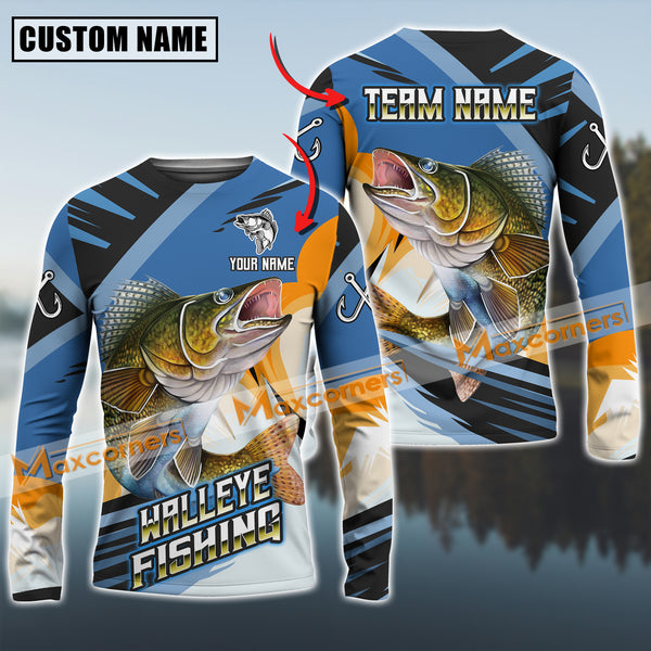 Maxcorners Walleye Fishing Blue Orange Jersey Sport Pattern Sun Protection Personalized Name Team Name 3D Shirts