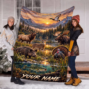 Maxcorners Wildlife Hunting Deer Moose Elk Wild Boar Turkey Bass Lake Sunset Personalized Name 3D Blanket