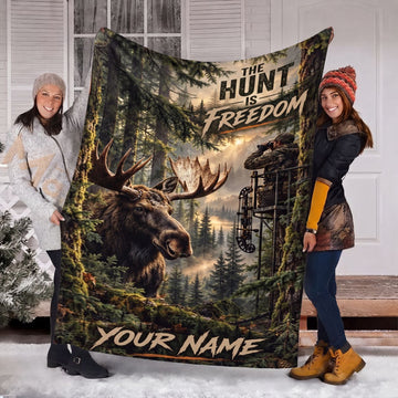 Maxcorners Moose Hunting Bow Hunter Tree Stand The Hunt Is Freedom Forest Personalized Name 3D Blanket