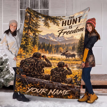 Maxcorners Moose Hunting Father And Son Bow Hunters Mountain Forest Landscape The Hunt Is Freedom Personalized Name 3D Blanket
