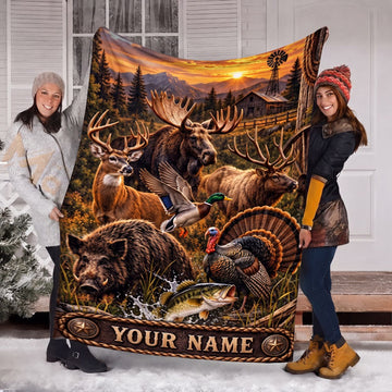 Maxcorners American Hunting Wildlife Buck Moose Elk Boar Duck Bass Rope Frame Personalized Name 3D Blanket