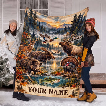 Maxcorners Wildlife Animals Deer Elk Moose Boar Turkey Flying Duck Bass River Sunset Personalized Name 3D Blanket