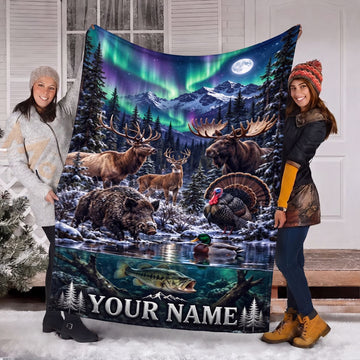 Maxcorners Winter Northern Lights Hunting Wildlife Elk Buck Moose Boar Snowy Mountain Lake Personalized Name 3D Blanket