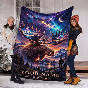 Maxcorners Majestic Bull Moose Galaxy Night Sky Crescent Moon Mountain Hunter Silhouette Personalized Name 3D Blanket