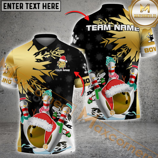 Maxcorners Bowling Ball And Pins Xmas Flower Snow Premium Multicolor Option Customized Name, Team Name 3D Shirt (4 colors)