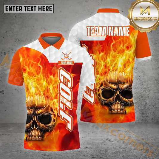 Maxcorners Golf Ball Fire Skull Pattern Multicolor Option Customized Name, Team Name 3D Polo Shirt (4 colors)