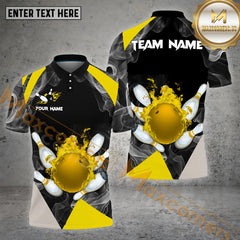 Maxcorners Bowling Ball & Pins Flame And Smoke Pattern Jersey Style Personalized Name, Team Name 3D Polo Shirt (4 Colors)