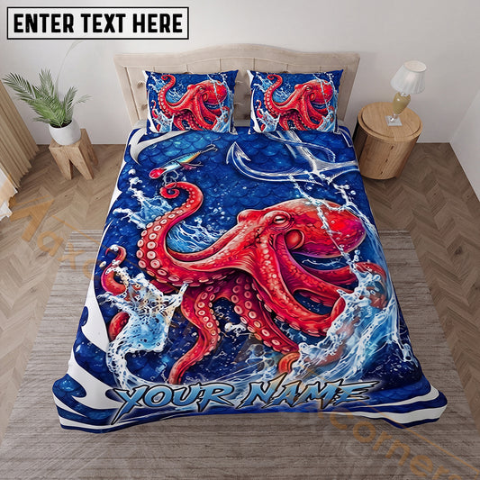 Maxcorners Fishing  Red Octopus with Ocean Wave Personalized Name Unisex 3D Bedding Set