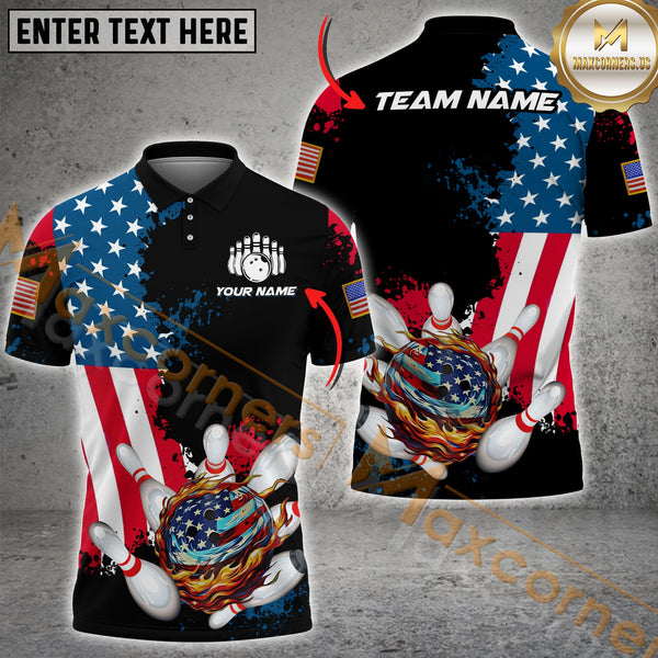 Maxcorners Distressed USA Flag Bowling Ball & Pins Jersey Personalized Name, Team Name 3D Shirt