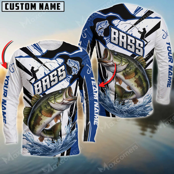 Maxcorner Bass Fishing Jersey Blue Line Pattern Personalized 3D Long Sleeve Shirt