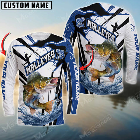 Maxcorner Walleye Fishing Jersey Blue Line Pattern Personalized 3D Long Sleeve Shirt