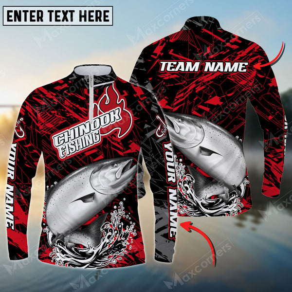 Maxcorners Chinook Fishing Red Pattern Personalized Name Long Sleeve Quarter Zip Jersey Shirt