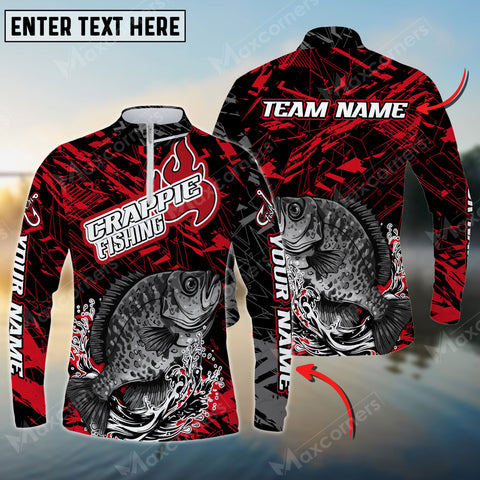 Maxcorners Crappie Fishing Red Pattern Personalized Name Long Sleeve Quarter Zip Jersey Shirt