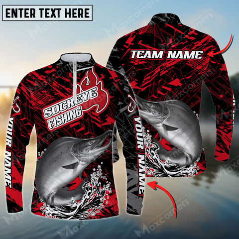 Maxcorners Sockeye Fishing Red Pattern Personalized Name Long Sleeve Quarter Zip Jersey Shirt