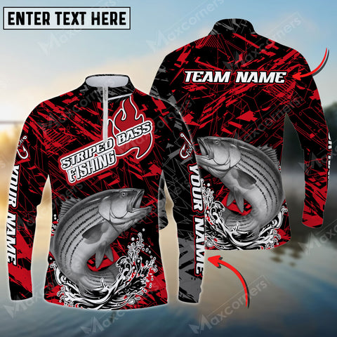 Maxcorners Striped Bass Fishing Red Pattern Personalized Name Long Sleeve Quarter Zip Jersey Shirt