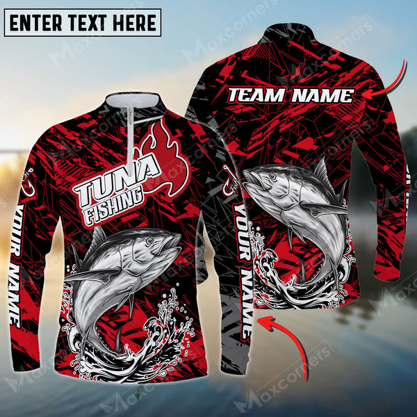 Maxcorners Tuna Fishing Red Pattern Personalized Name Long Sleeve Quarter Zip Jersey Shirt