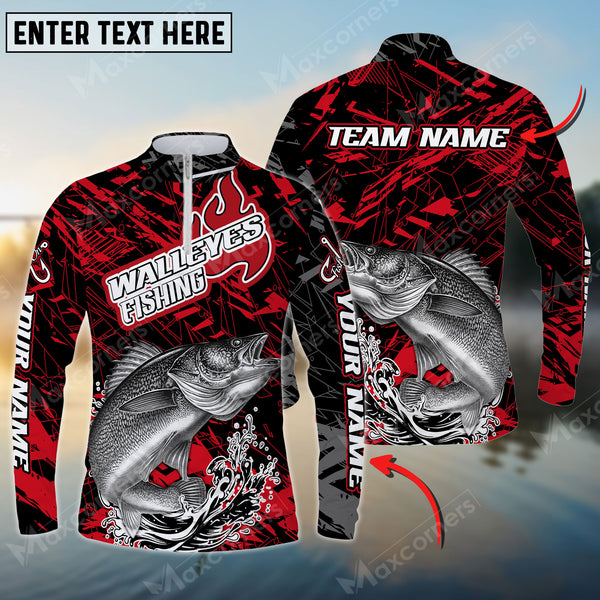 Maxcorners Walleye Fishing Red Pattern Personalized Name Long Sleeve Quarter Zip Jersey Shirt