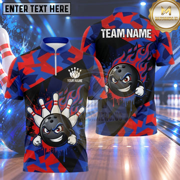 Maxcorners Bowling Angry Mascot Bowling Ball Character Flaming Fire Dripping Slatter Crashing Pins Geometric Pattern Multi Options Personalized Name, Team Name Unisex 3D Shirt (4 Colors)