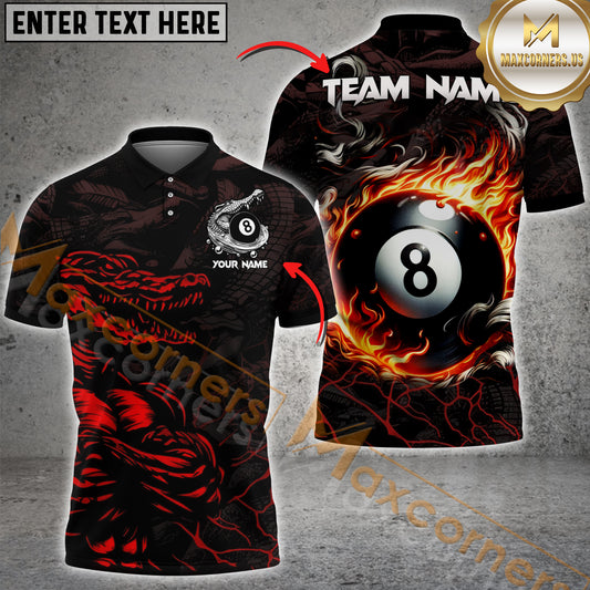 Maxcorners Billiard Ball 8 Flame Crocodile Multicolor Options Personalized Name, Team Name 3D Polo Shirt (4 Colors)