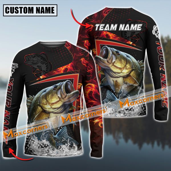 Maxcorners Bass Fishing Red Flame Sport Jersey Personalized Name, Team Name Long Sleeve Shirt