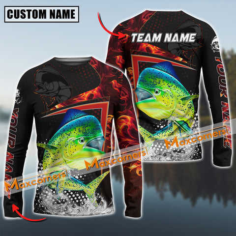 Maxcorners Mahi-Mahi Fishing Red Flame Sport Jersey Personalized Name, Team Name Long Sleeve Shirt