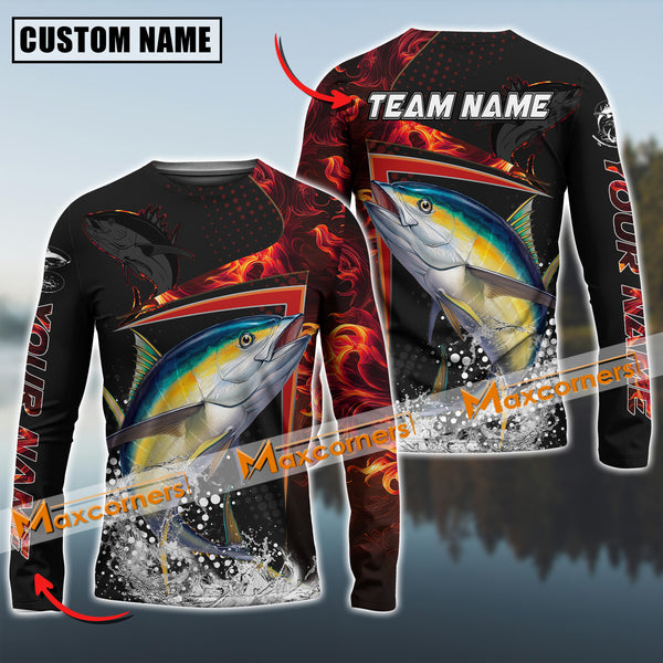 Maxcorners Tuna Fishing Red Flame Sport Jersey Personalized Name, Team Name Long Sleeve Shirt