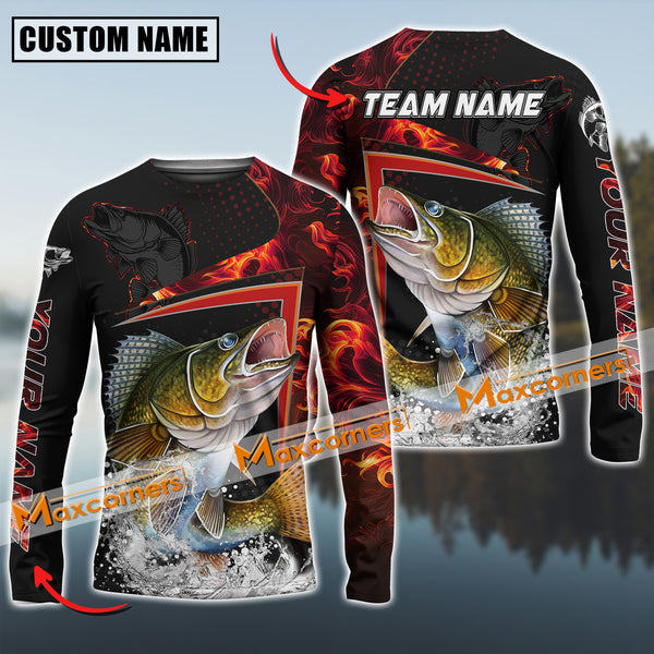 Maxcorners Walleye Fishing Red Flame Sport Jersey Personalized Name, Team Name Long Sleeve Shirt