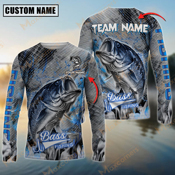 Maxcorner Bass Fishing Blue Smoke Pattern Personalized 3D Long Sleeve Shirt