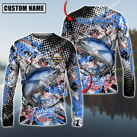 Maxcorner Tuna Fishing Blue Jersey Blue Red Spot Pattern Personalized 3D Long Sleeve Shirt