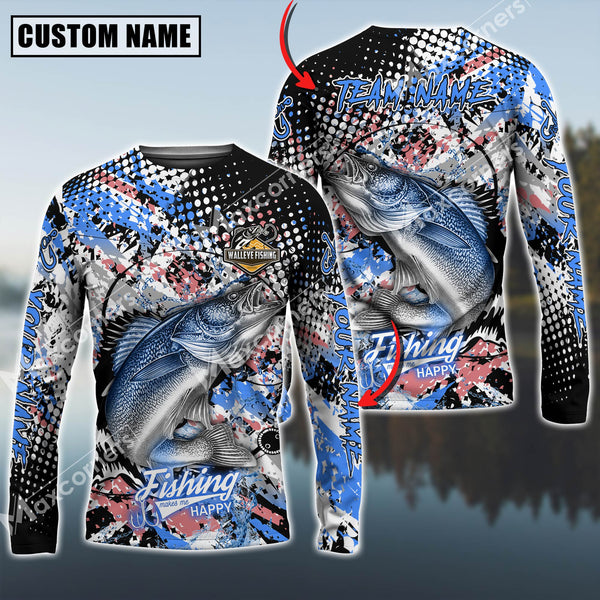 Maxcorner Walleye Fishing Blue Jersey Blue Red Spot Pattern Personalized 3D Long Sleeve Shirt