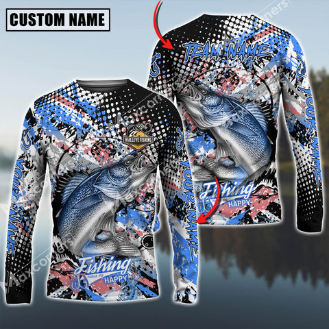 Maxcorner Walleye Fishing Blue Jersey Blue Red Spot Pattern Personalized 3D Long Sleeve Shirt