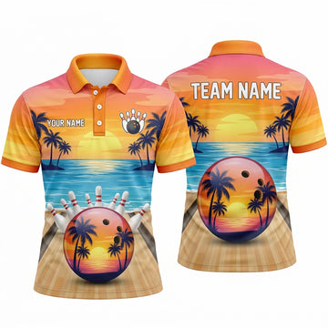 Maxcorners Bowling Polo Shirt Tropical Sunset Beach Ocean Waves Palm Trees Alley Water Reflection Ball Pins Multi Options Personalized Name, Team Name Unisex 3D Shirt