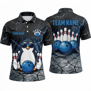 Maxcorners Bowling Polo Shirt Cool Penguin Sunglasses Cracked Ground Texture Ball Pins Personalized Custom Team Player Name Apparel (4 Color)