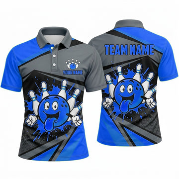 Maxcorners Bowling Polo Shirt Funny Cartoon Character Tongue Out Ink Ball Pins Multi Options Personalized Name, Team Name Unisex 3D Shirt (4 Colors)