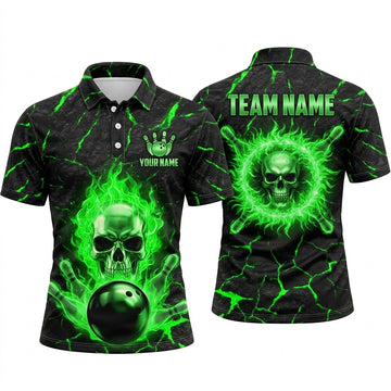 Maxcorners Bowling Polo Shirt Flaming Skull Energy Ring Cracked Stone Texture Ball Pins Multi Options Personalized Name, Team Name Unisex 3D Shirt (3 Colors)