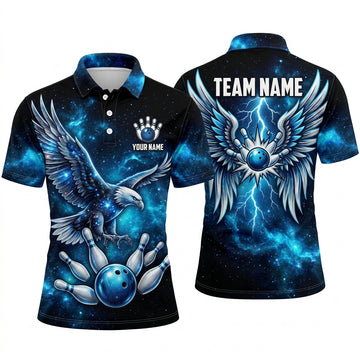 Maxcorners Bowling Polo Shirt Flying Eagle Wings Lightning Galaxy Space Ball Pins Multi Options Personalized Name, Team Name Unisex 3D Shirt (4 Colors)