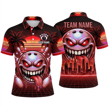 Maxcorners Bowling Polo Shirt Tropical Palm Trees Monster Face City Skyline Ball Pins Multi Options Personalized Name, Team Name Unisex 3D Shirt (3 Colors)