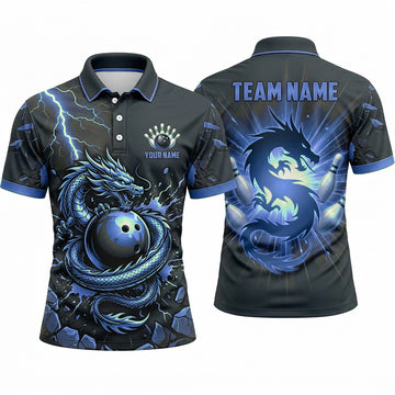 Maxcorners Bowling Polo Shirt Coiled Dragon Silhouette Lightning Burst Shattered Rocks Ball Pins Multi Options Personalized Name, Team Name Unisex 3D Shirt (4 Colors)