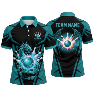 Maxcorners Bowling Polo Shirt Dragon Wings Burst Energy Ball Pins Personalized Custom Team Player Name Apparel (4 Color)