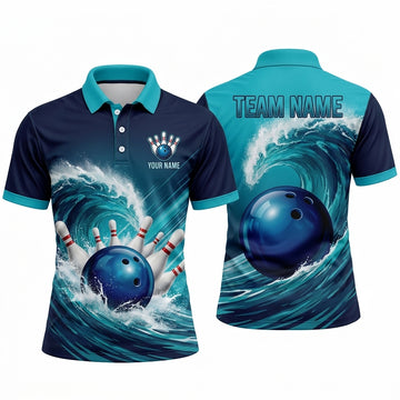Maxcorners Bowling Polo Shirt Giant Water Wave Ocean Surf Splash Ball Pins Multi Options Personalized Name, Team Name Unisex 3D Shirt (4 Colors)