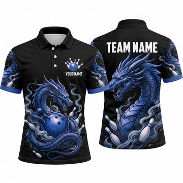 Maxcorners Bowling Polo Shirt Coiled Dragon Smoke Mist Ball Pins Multi Options Personalized Name, Team Name Unisex 3D Shirt (4 Colors)