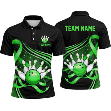 Maxcorners Bowling Polo Shirt Curved Ribbon Flow Sparkles Stars Graphic Ball Pins Multi Options Personalized Name, Team Name Unisex 3D Shirt (4 Colors)