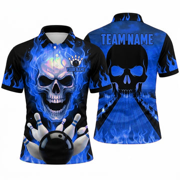 Maxcorners Bowling Polo Shirt Flaming Screaming Skull Alley Lane Inferno Fire Ball Pins Multi Options Personalized Name, Team Name Unisex 3D Shirt (4 Colors)