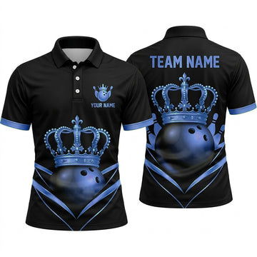 Maxcorners Bowling Polo Shirt Royal Crown Tiara King Queen Geometric Lines Ball Pins Multi Options Personalized Name, Team Name Unisex 3D Shirt (4 Colors)