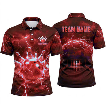Maxcorners Bowling Polo Shirt Electric Lightning Strike Thunder Clouds Alley Lane Ball Pins Multi Options Personalized Name, Team Name Unisex 3D Shirt (4 Colors)
