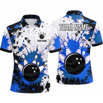 Maxcorners Bowling Polo Shirt Ink Paint Splatter Splash Grunge Texture Effect Ball Pins Multi Options Personalized Name, Team Name Unisex 3D Shirt (4 Colors)
