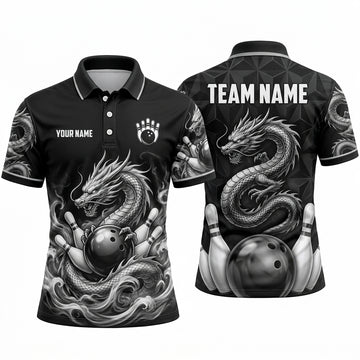 Maxcorners Bowling Polo Shirt Monochrome Dragon Scales Smoke Swirl Geometric Pattern Ball Pins Multi Options Personalized Name, Team Name Unisex 3D Shirt