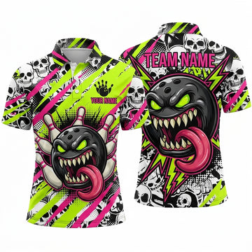 Maxcorners Bowling Polo Shirt Monster Face Tongue Out Skulls Lightning Halftone Dots Ball Pins Multi Options Personalized Name, Team Name Unisex 3D Shirt