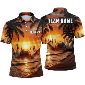 Maxcorners Bowling Polo Shirt Tropical Sunset Beach Ocean Waves Palm Trees Alley Ball Pins Multi Options Personalized Name, Team Name Unisex 3D Shirt